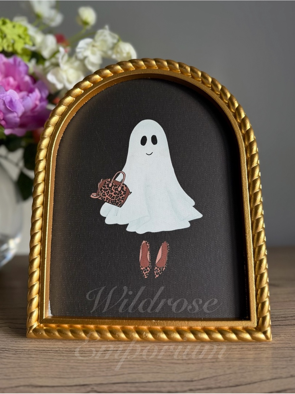 Ghost leopard heels Art Print vintage style gold frame tabletop Halloween decor